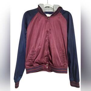 Arizona Jean Co Women's Bomber Jacket Size M Maroon Navy Blue Hooded Varsity